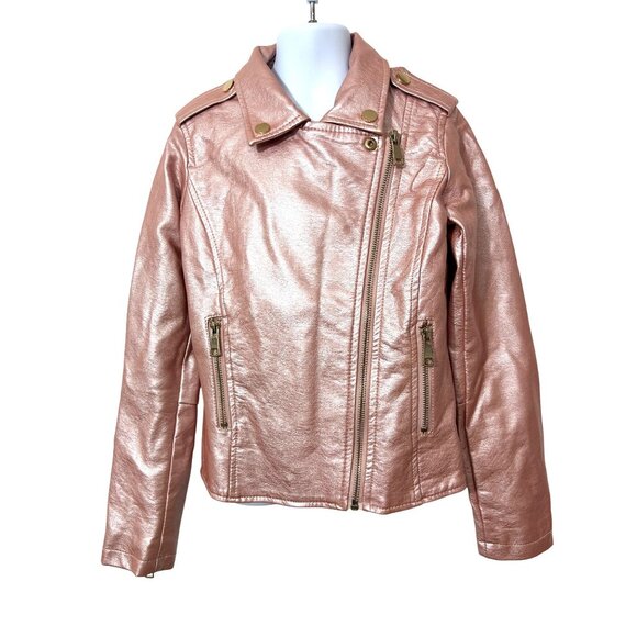 Ci Sono Kids Girl Moto Biker Jacket 8 Metallic Pink Faux Leather Zipper Pockets - Picture 2 of 14